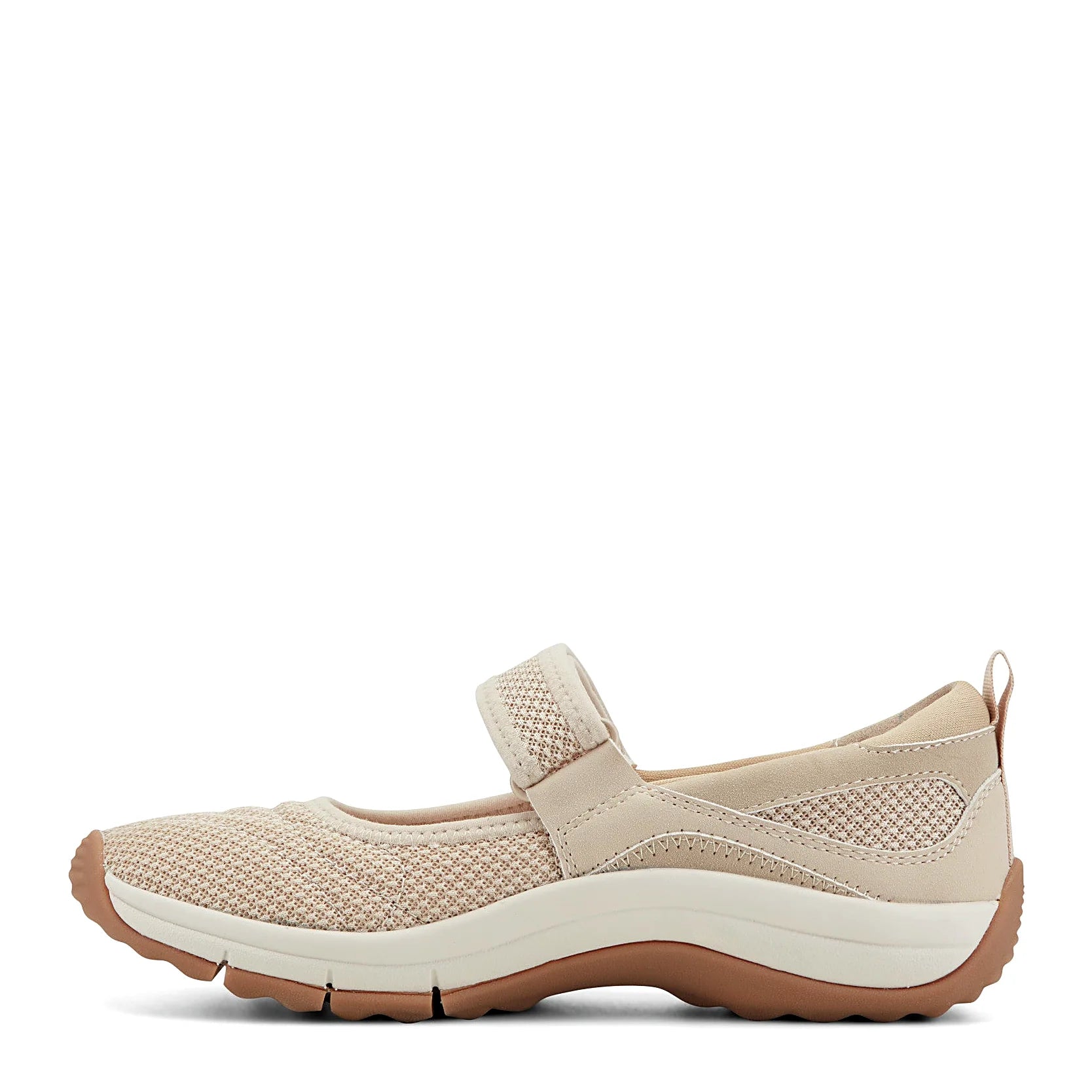 Slightly elevated heel on a knit walking shoe