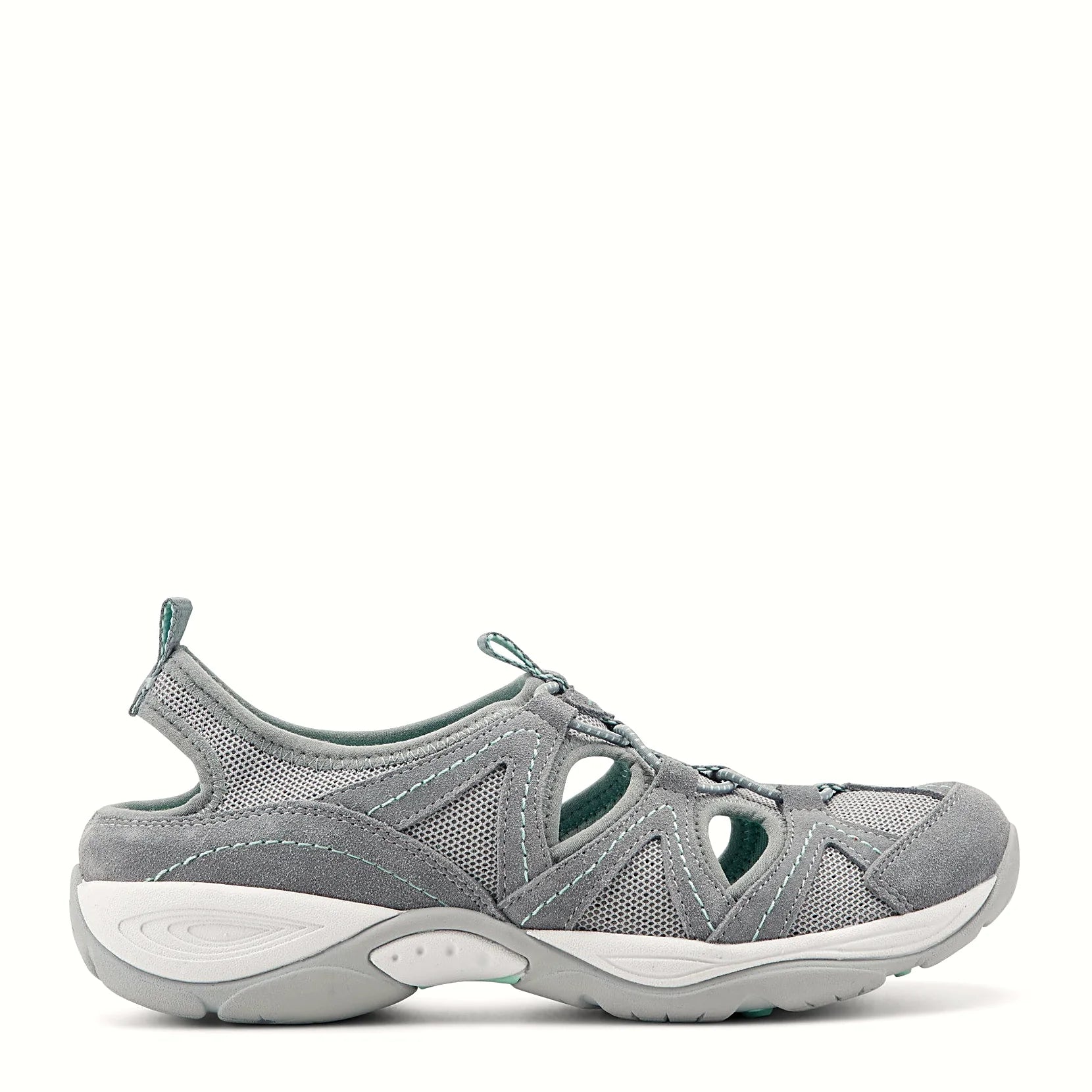 Walking shoe with soft suede overlays and cut-out panels