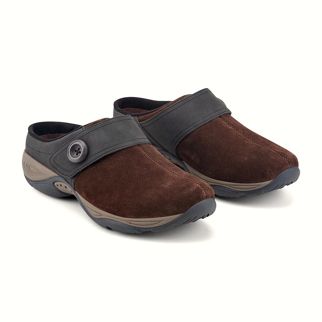 Protective back strap with a button detail on a mule