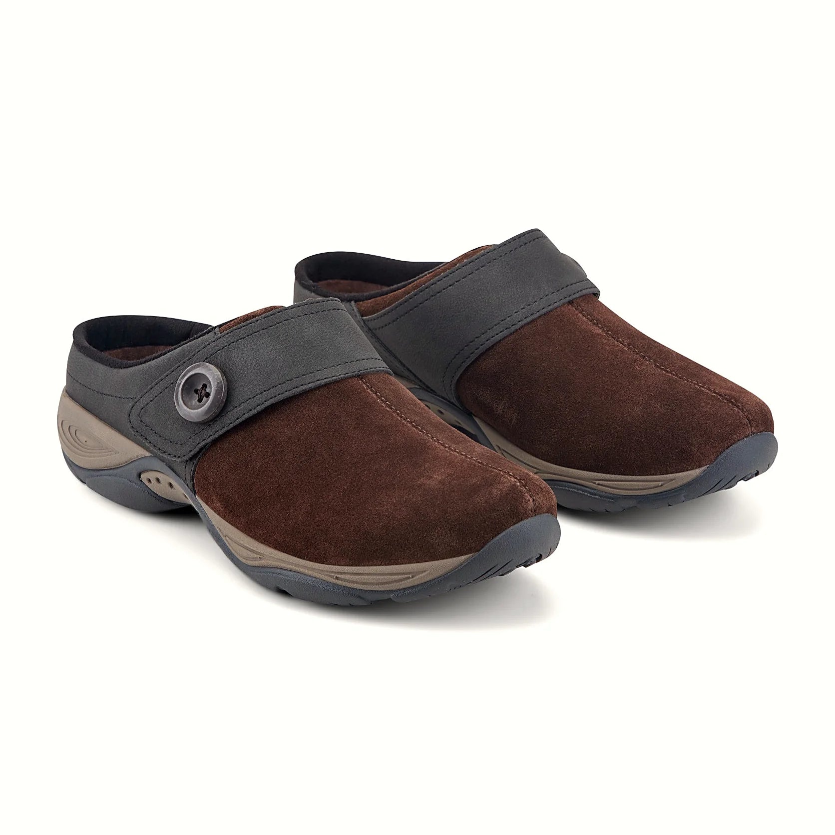 Protective back strap with a button detail on a mule
