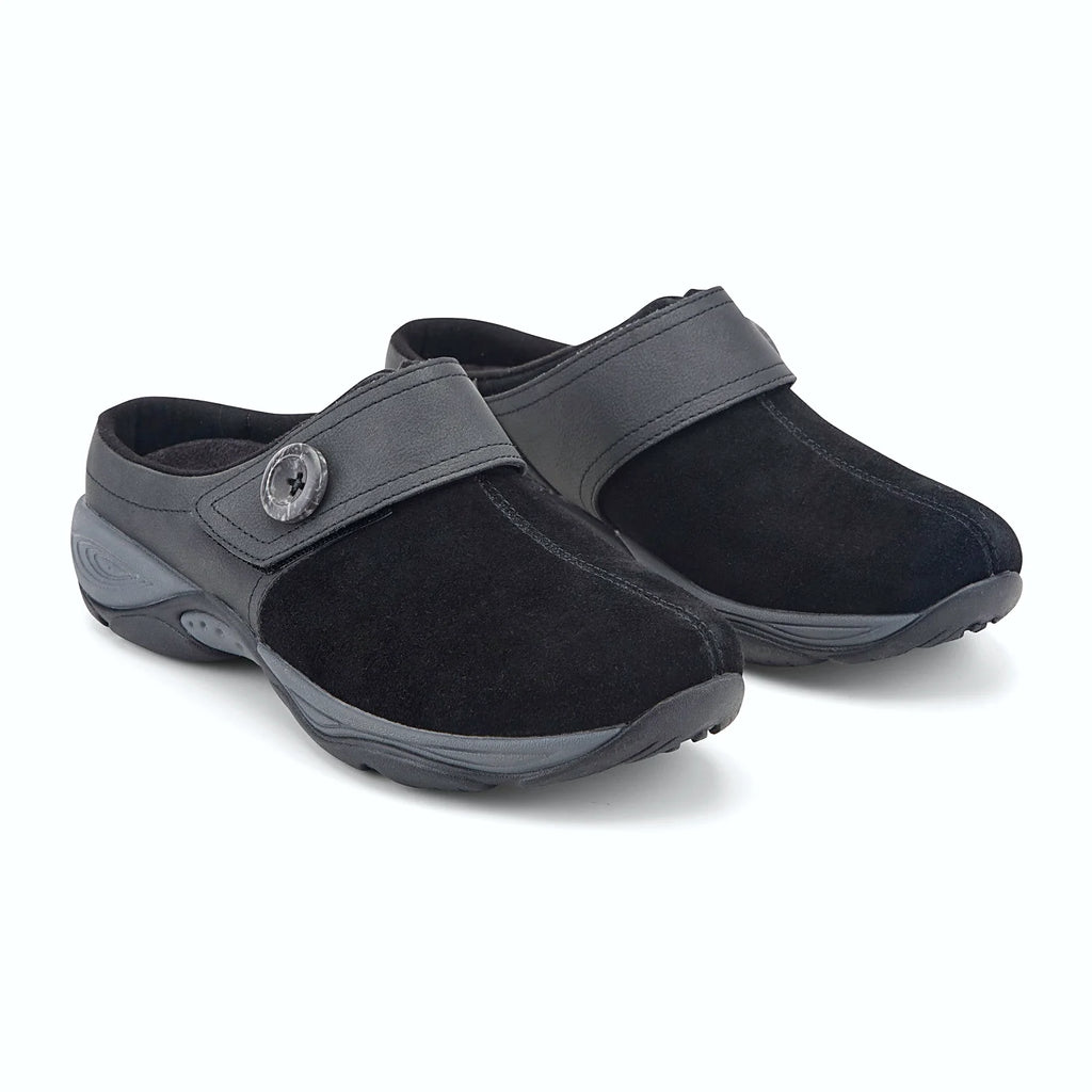 Protective back strap with a button detail on a mule
