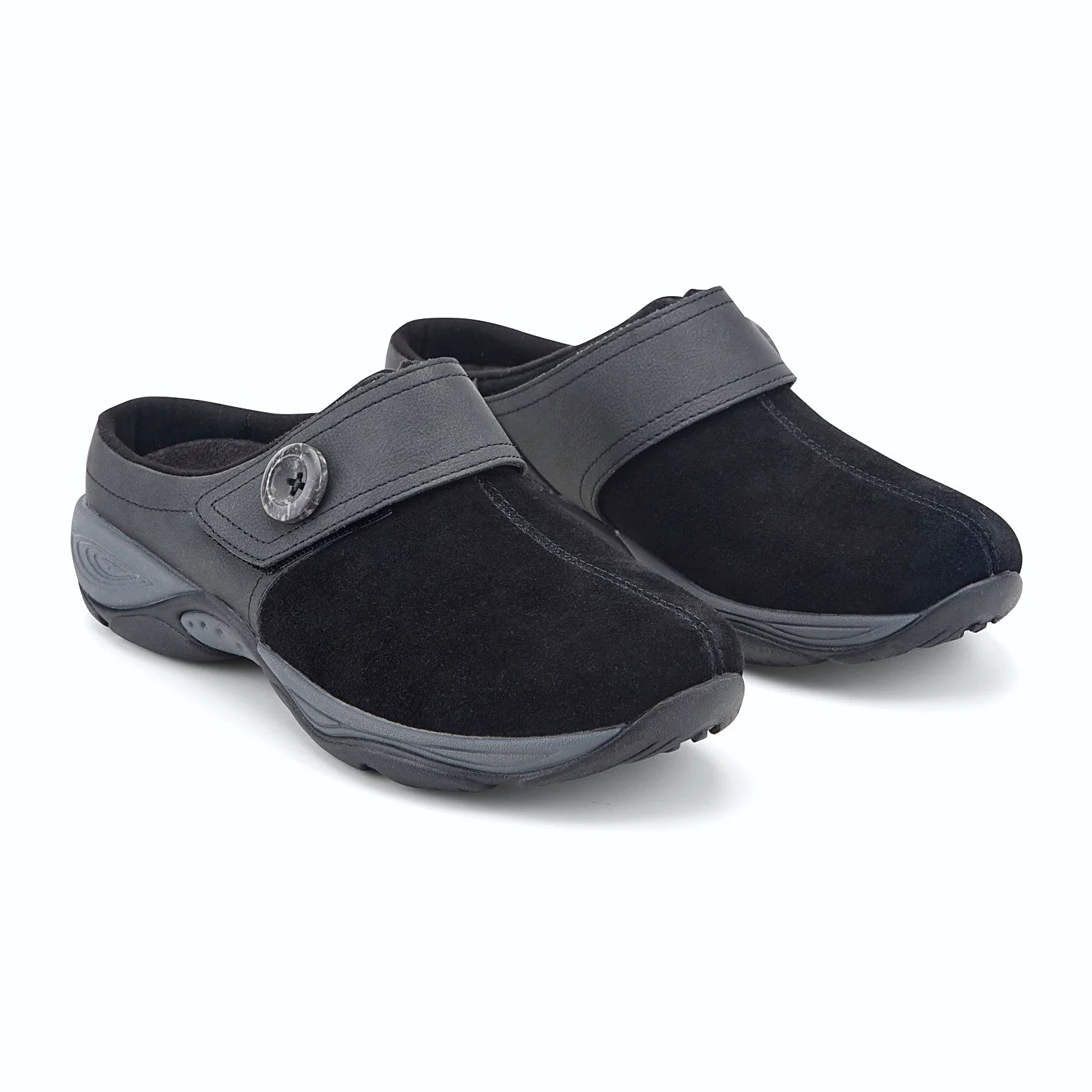 Protective back strap with a button detail on a mule