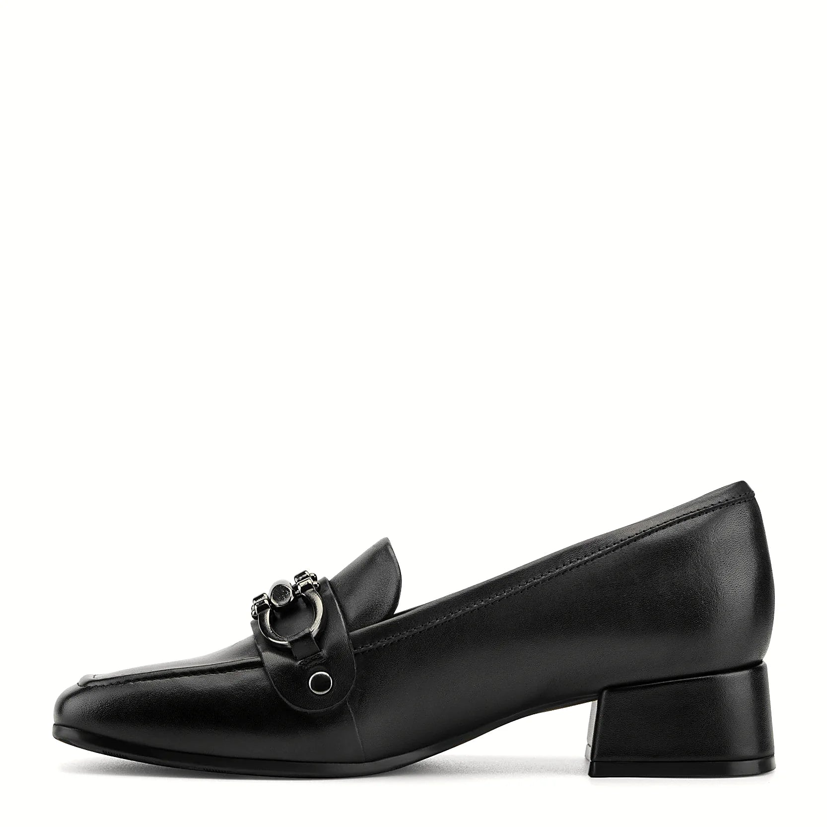 Polished leather upper on a block heel loafer