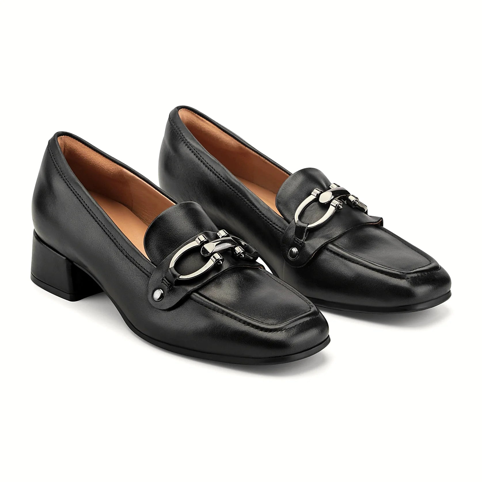 Block heel under a leather loafer