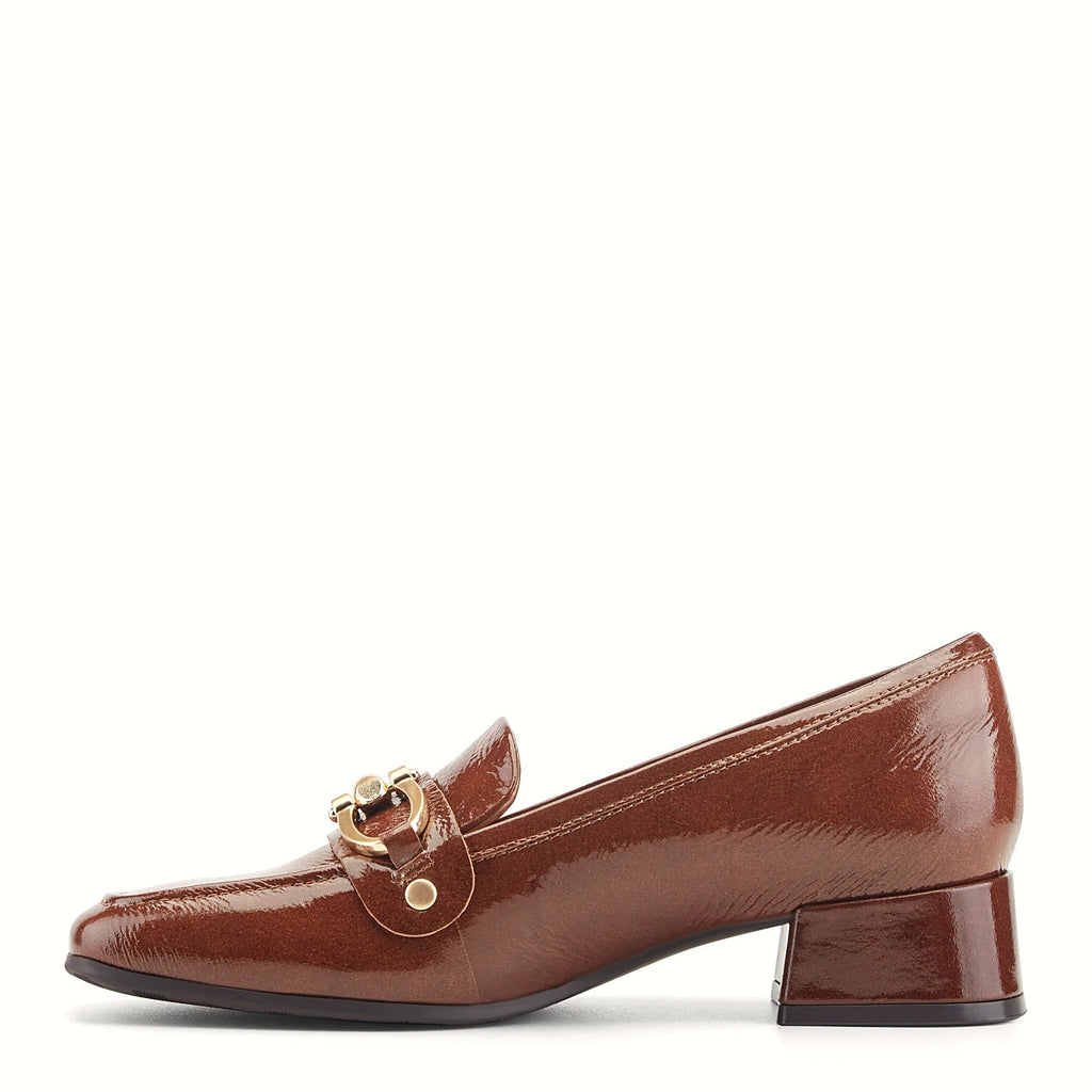 Polished leather upper on a block heel loafer