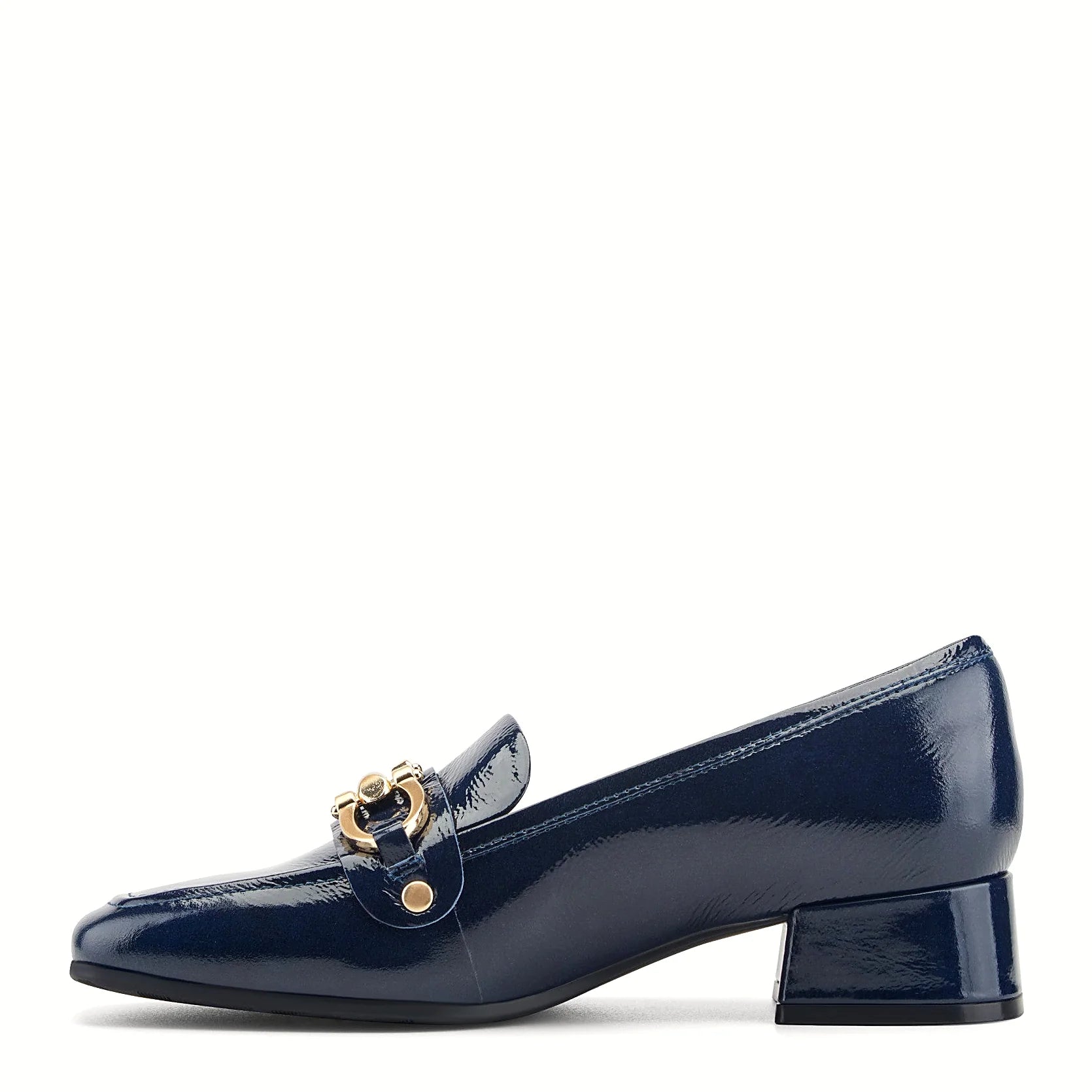 Polished leather upper on a block heel loafer