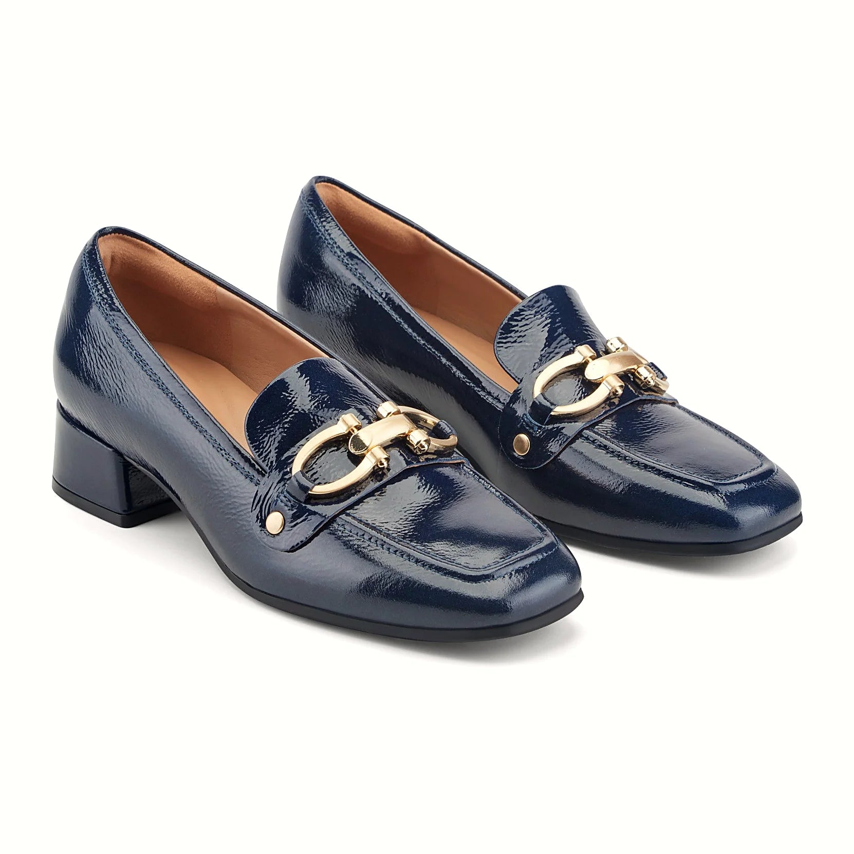 Block heel under a leather loafer