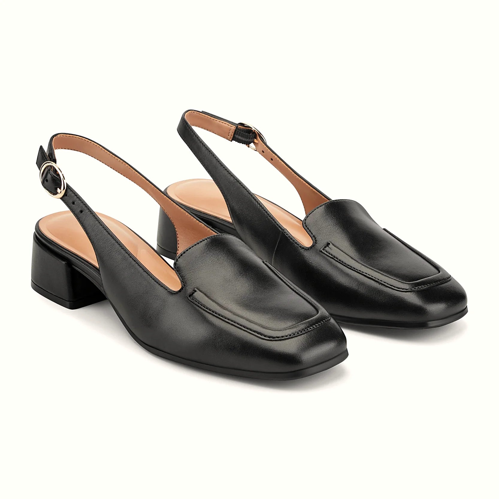 Adjustable buckle strap on a slingback shoe