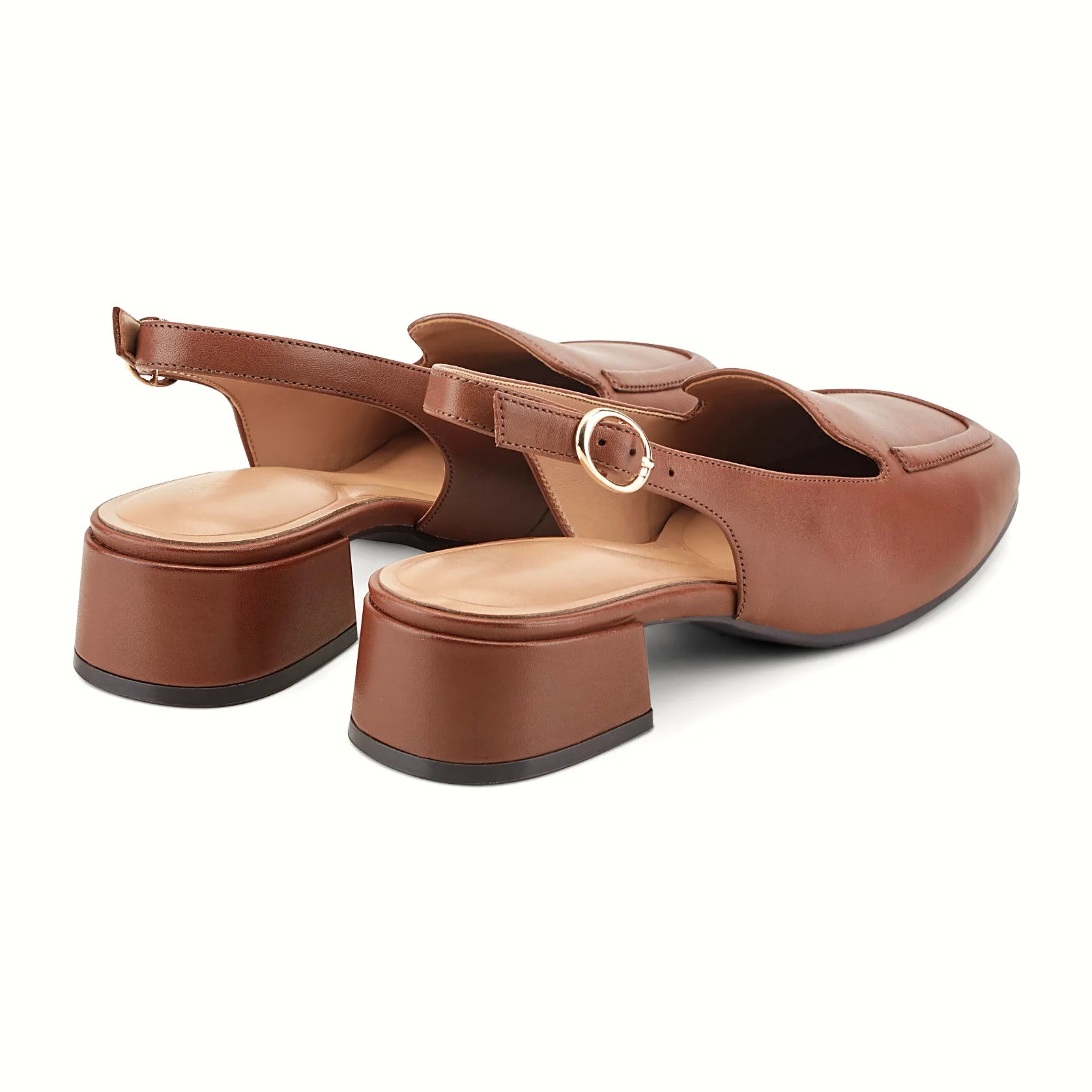 Low block heel under a squared-toe slingback