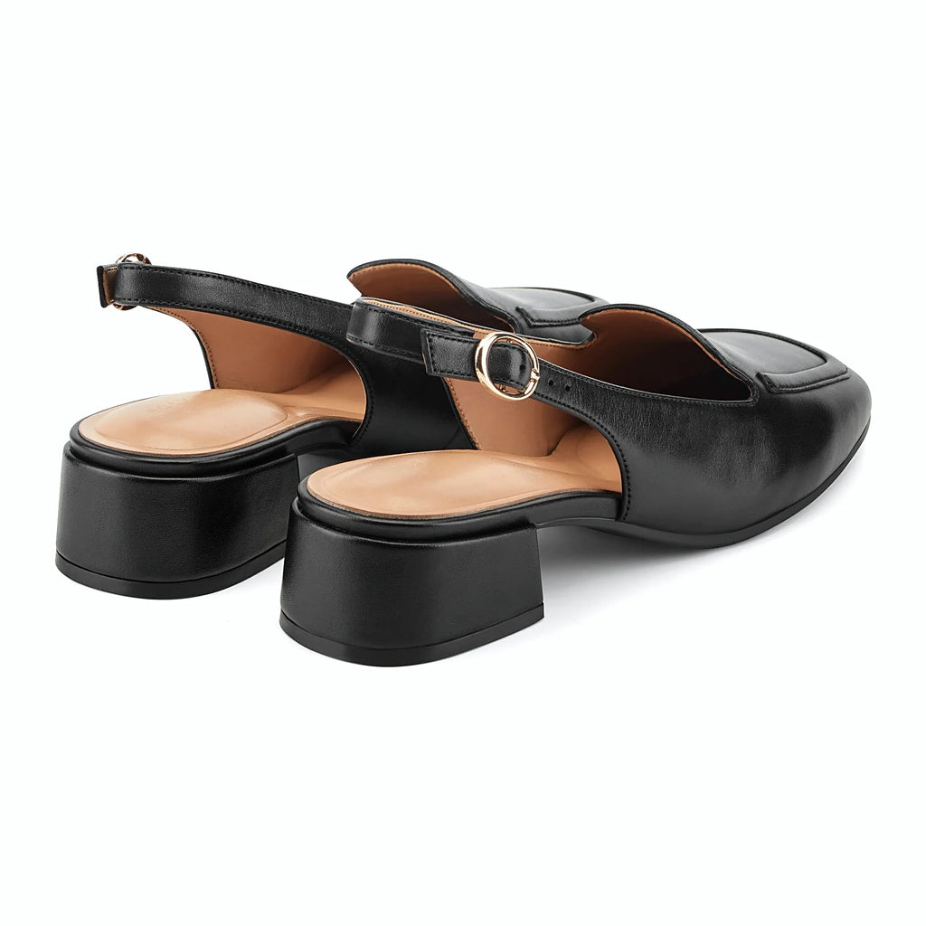 Low block heel under a squared-toe slingback