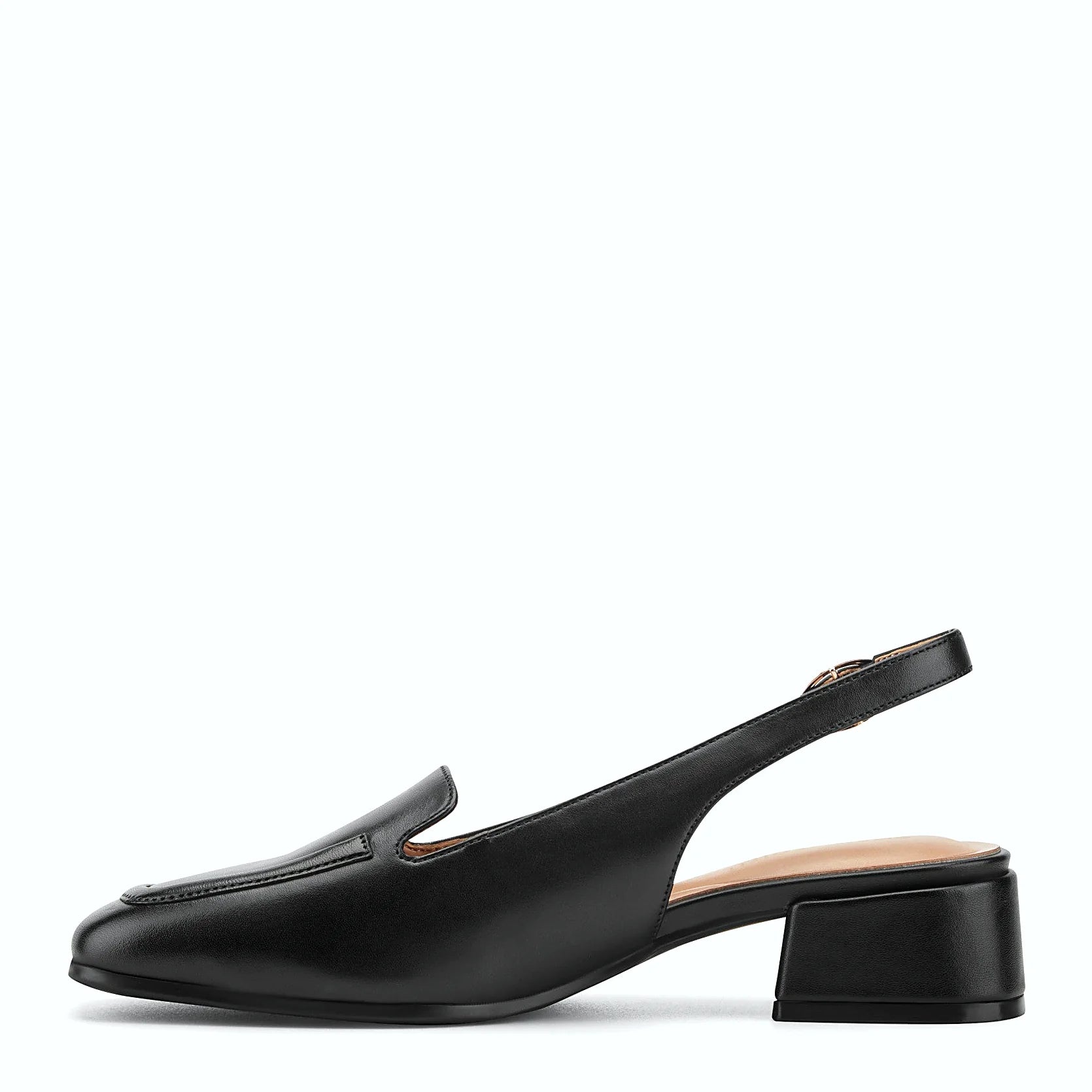 Squared toe shape on a buckled slingback