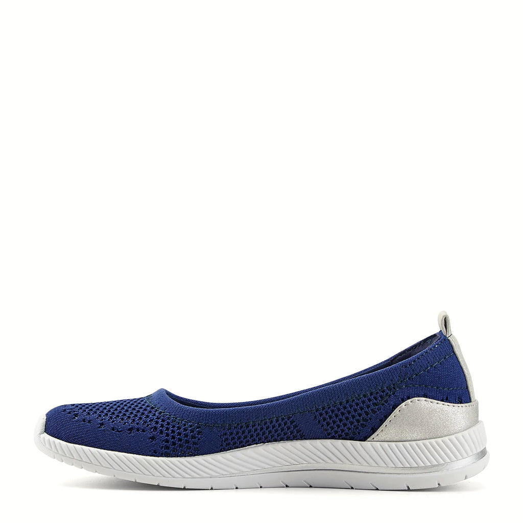 Engineered knit pull-on flat with subtle shimmer