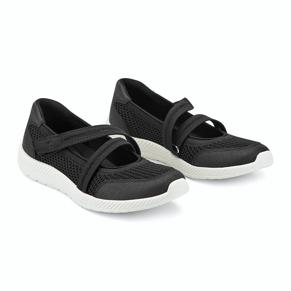 Curved sole profile under a Mary Jane walking shoe
