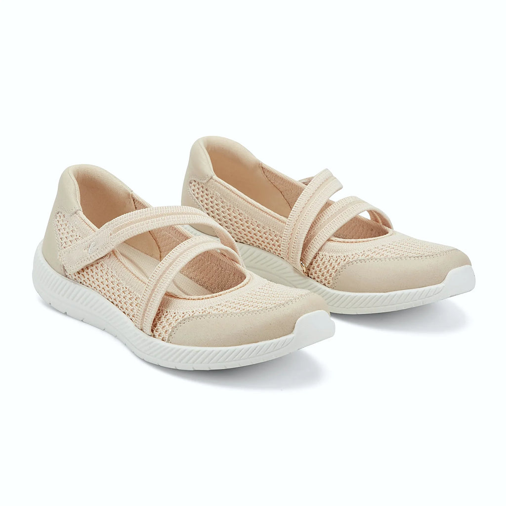 Hook-and-loop straps on a knit walking shoe