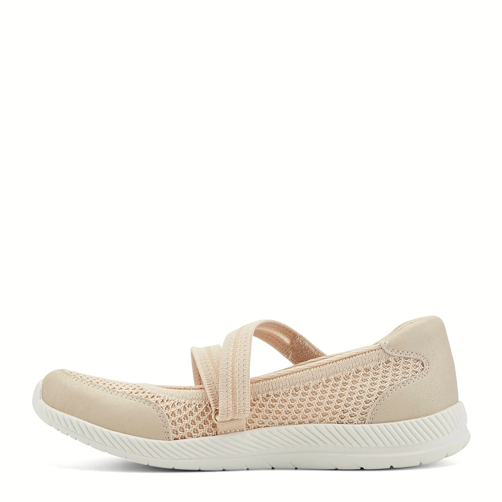 Curved sole profile under a Mary Jane walking shoe