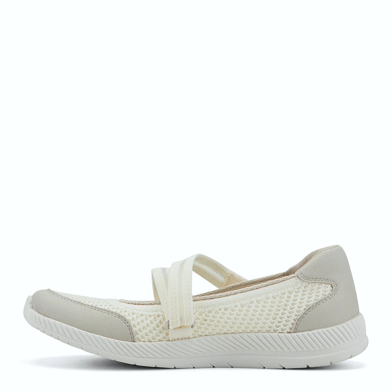 Knit Mary Jane walking shoe with straps across the vamp