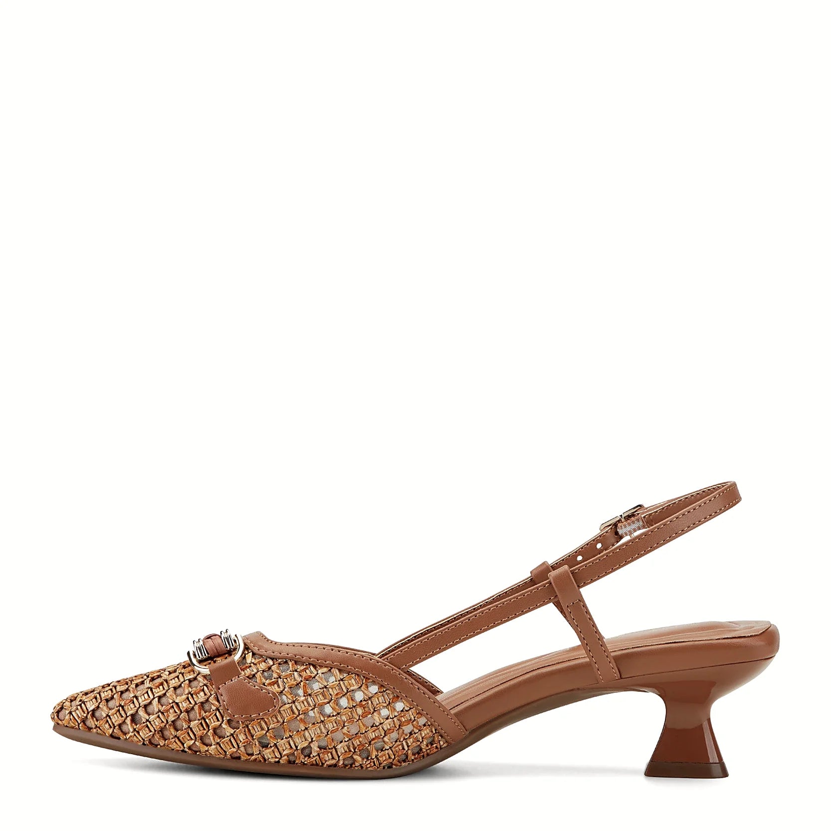 Adjustable ankle buckle on a slingback pump