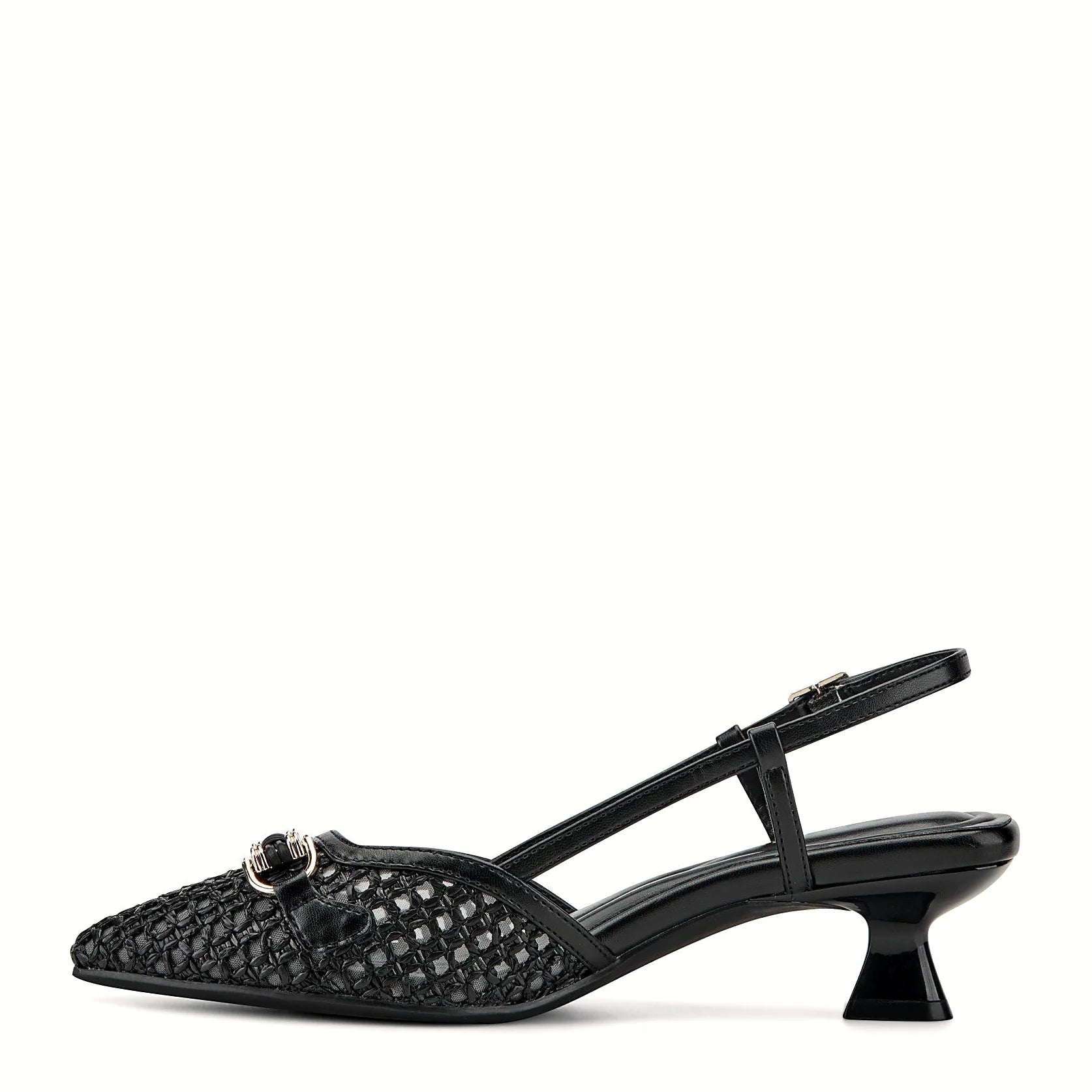 Adjustable ankle buckle on a slingback pump
