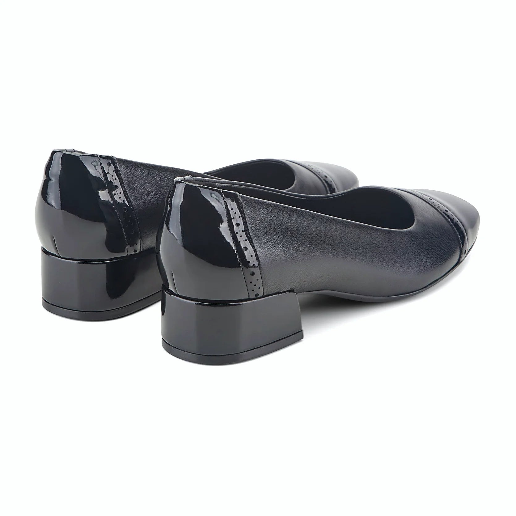 Refined patent finish on a block heel pump
