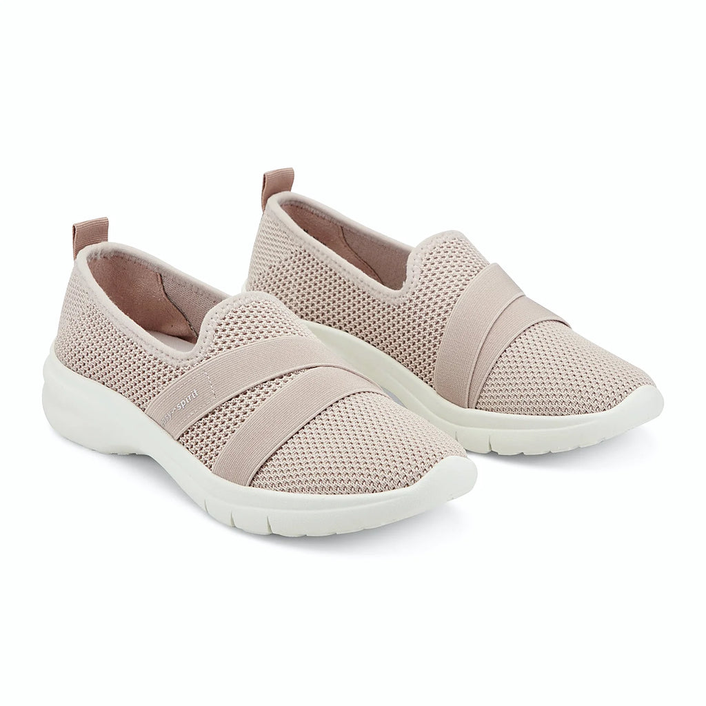 Dual elastic bands across a knit walking shoe