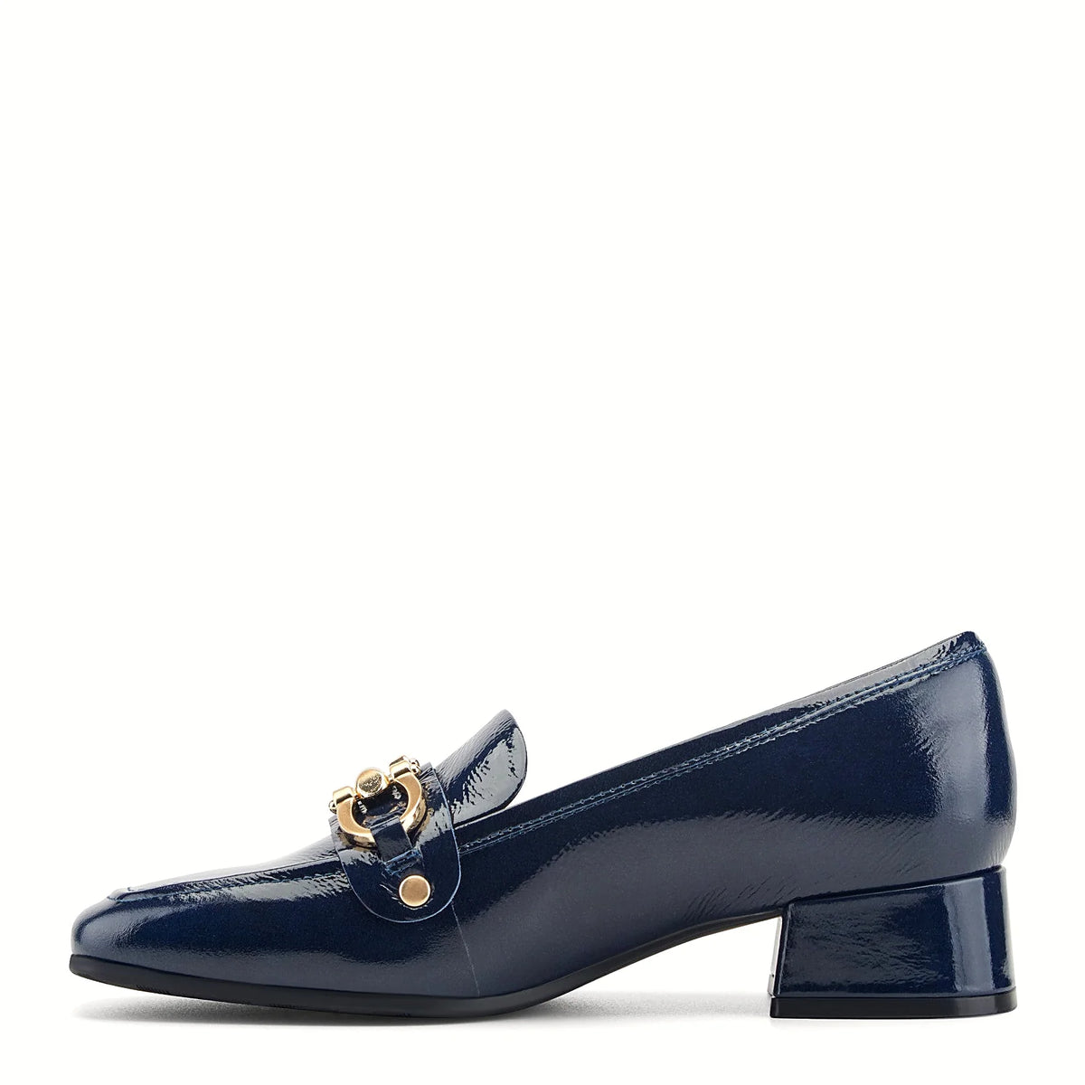 Polished leather upper on a block heel loafer