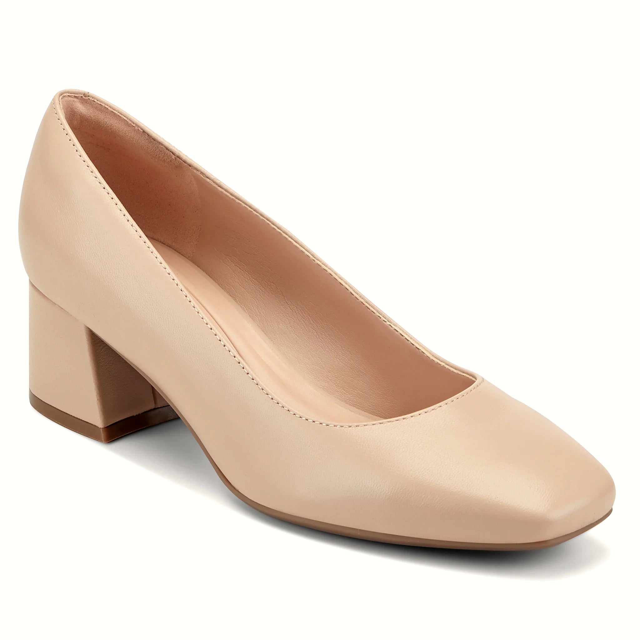 Block heel under a slip-on dress pump