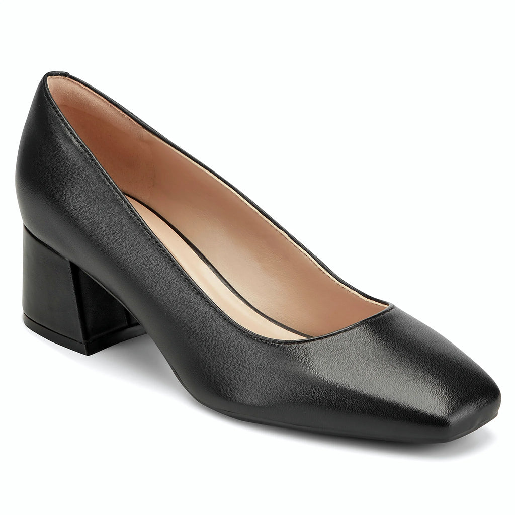 Clean unornamented upper on a square-toe pump