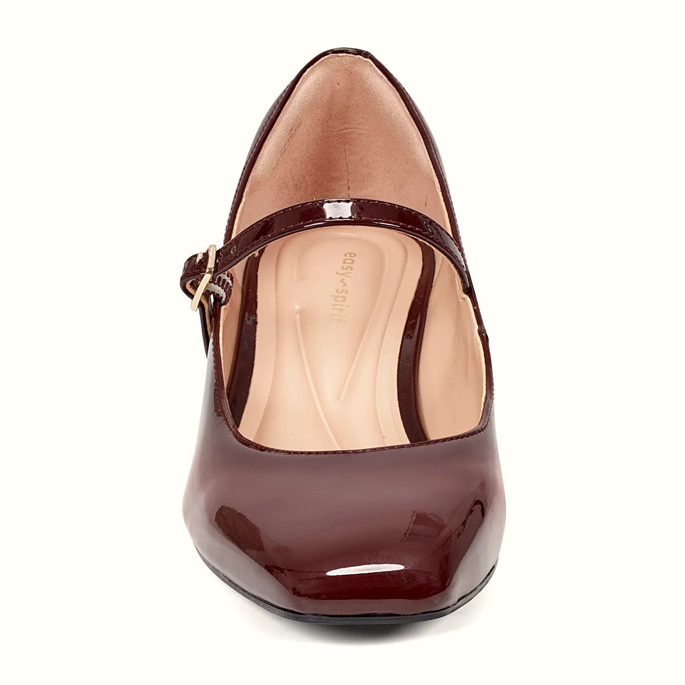 Squared toe and block heel on a Mary Jane pump