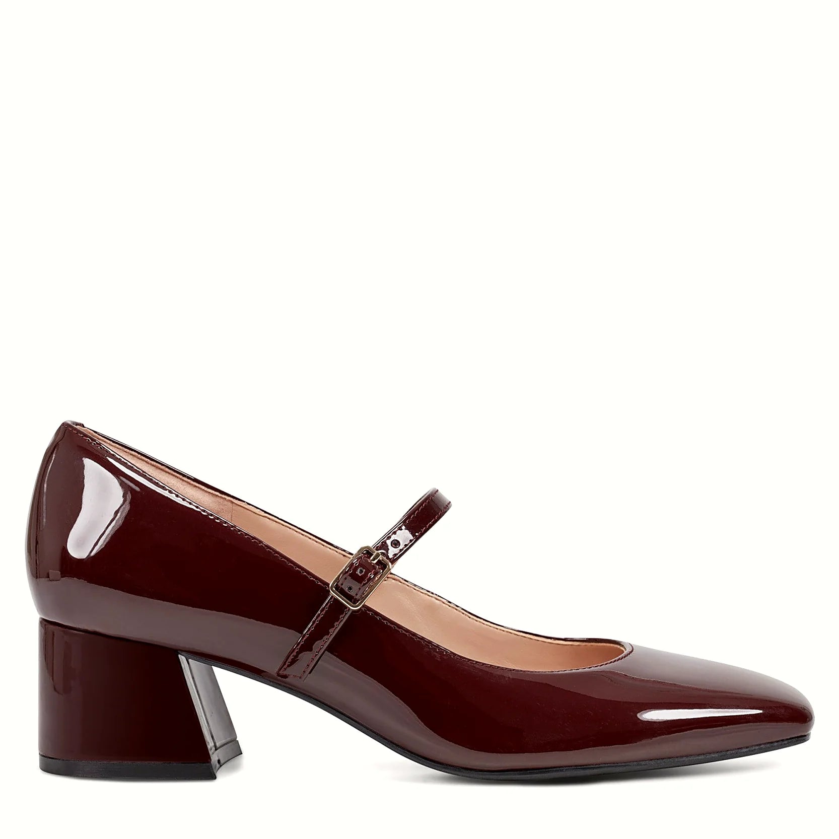 Patent Mary Jane pump with a strap across the instep