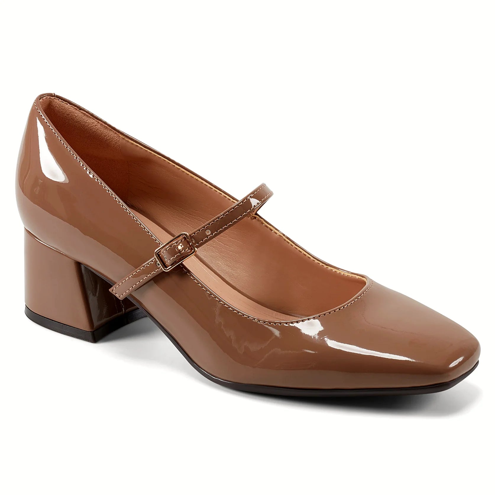Squared toe and block heel on a Mary Jane pump
