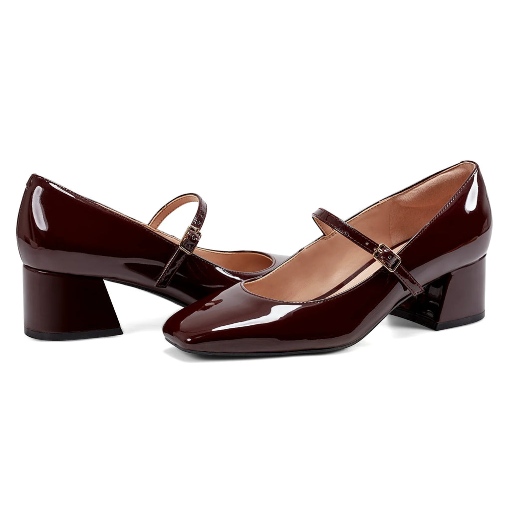 Patent Mary Jane pump with a strap across the instep