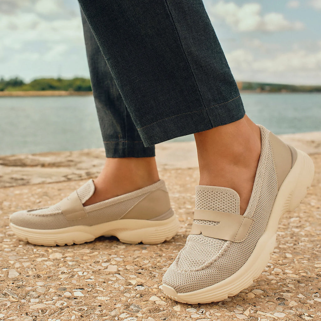 Rounded toe box on a platform penny loafer