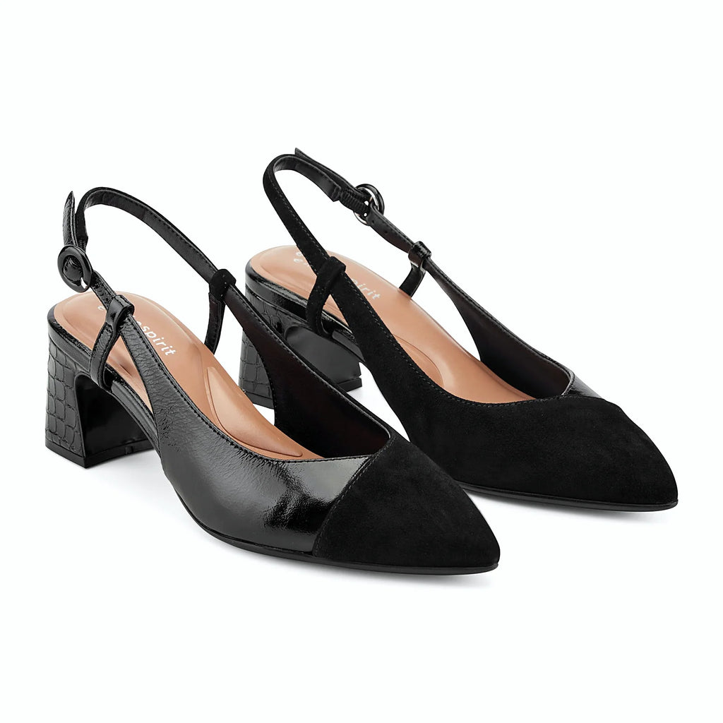 Textured block heel under a slingback pump