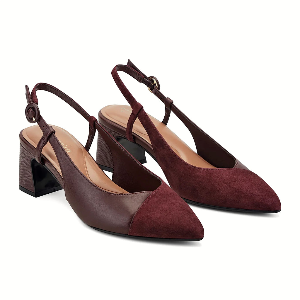 Textured block heel under a slingback pump