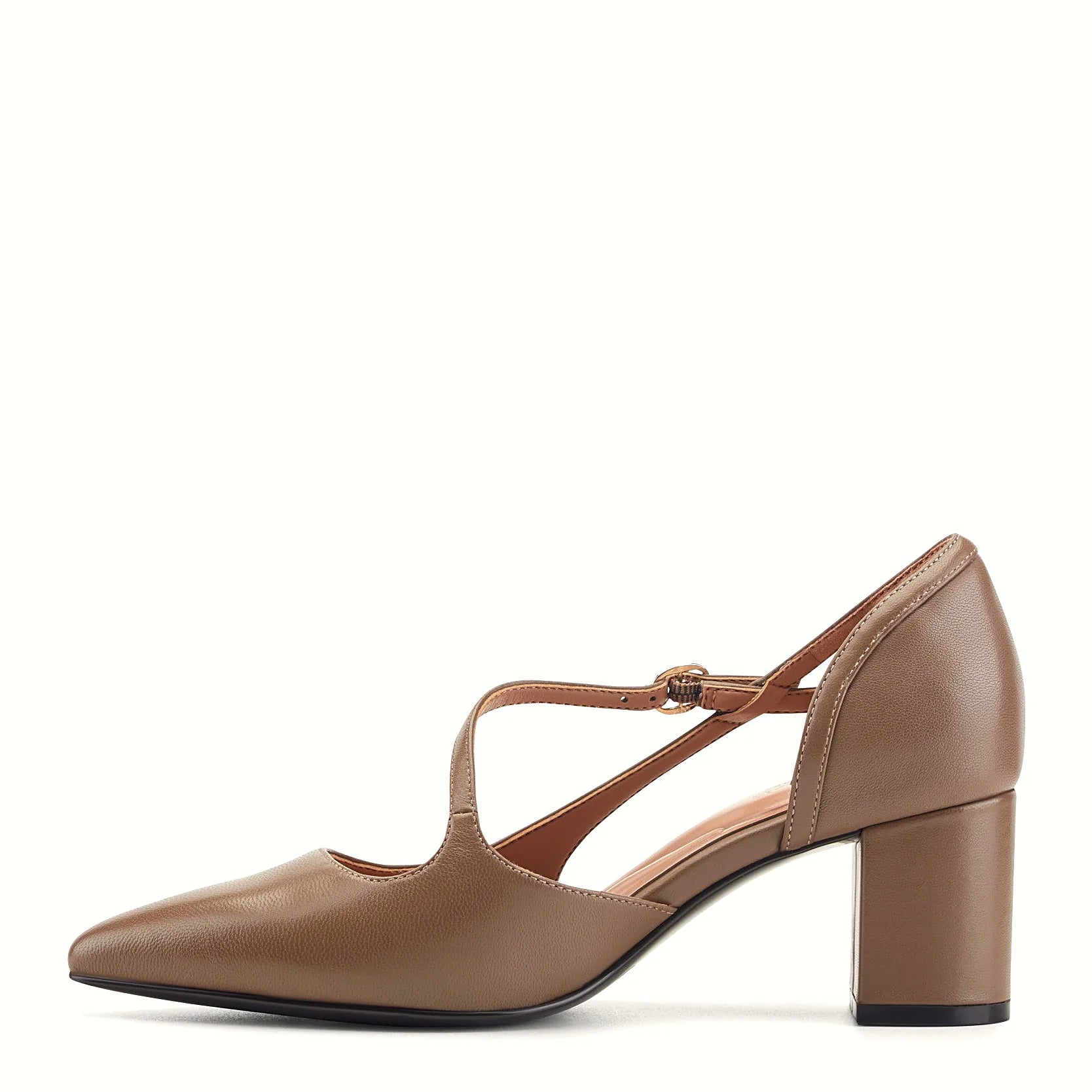 Patent finish catching light on an asymmetric pump