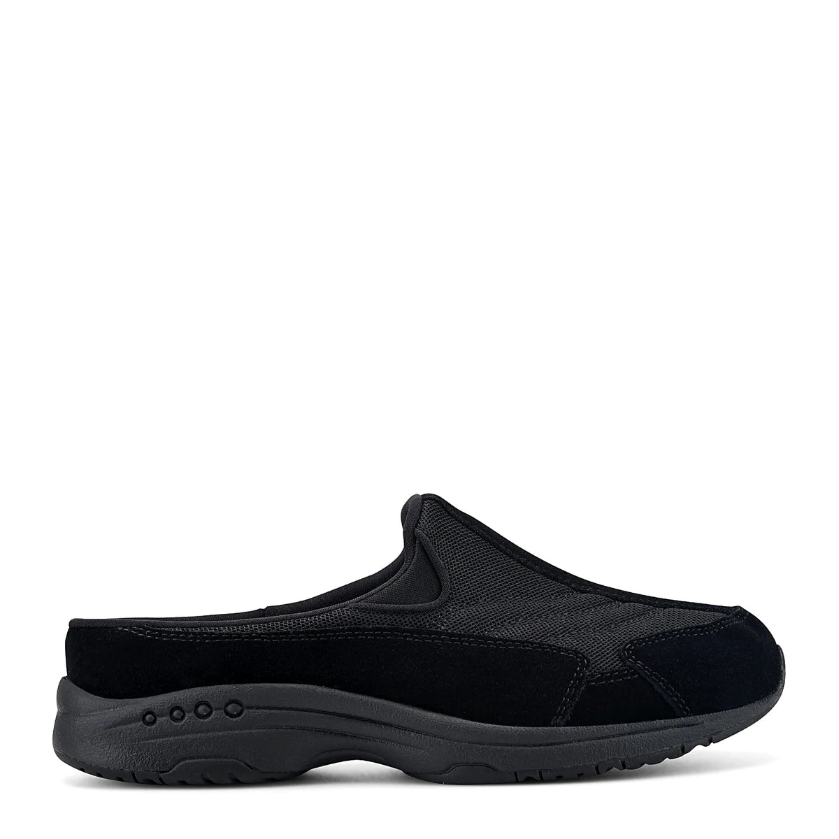 Slip-on clog with suede overlays framing a textured panel
