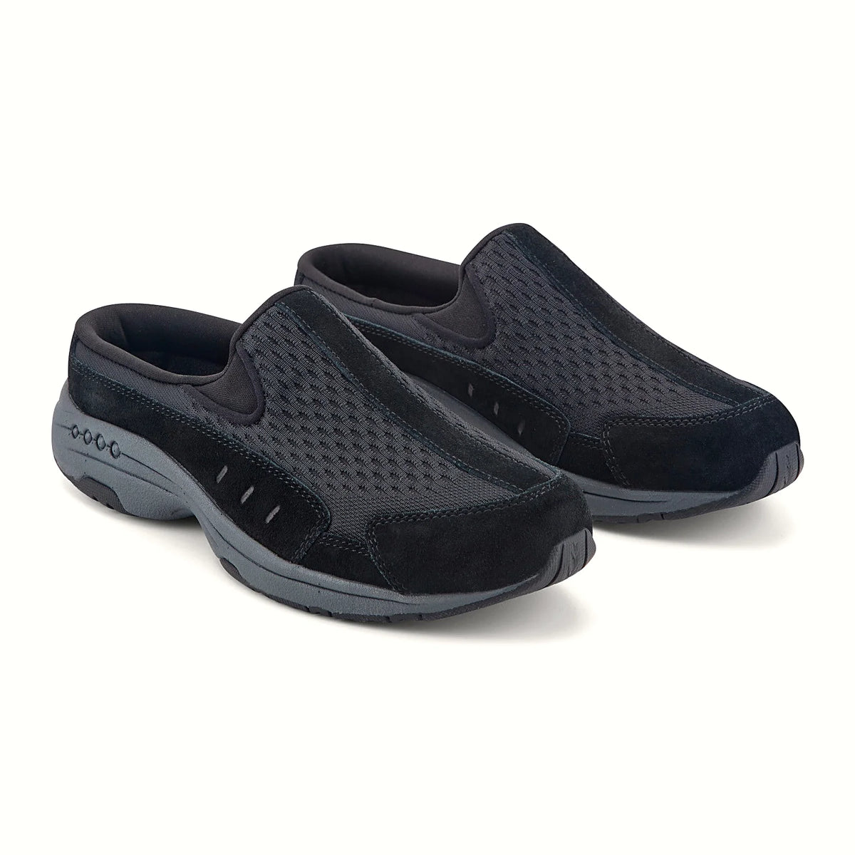 Molded footbed inside a suede-overlay clog