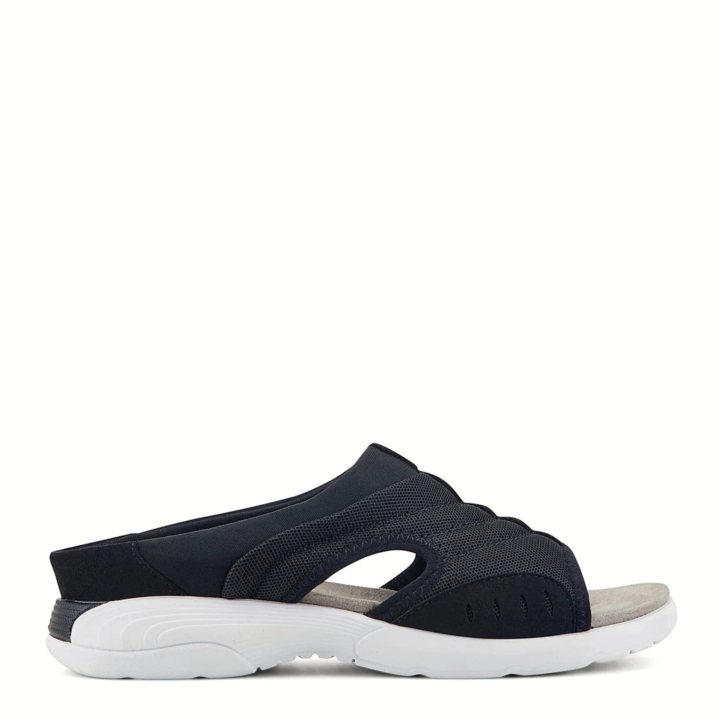 Blue knit slide sandal with decorative cutouts