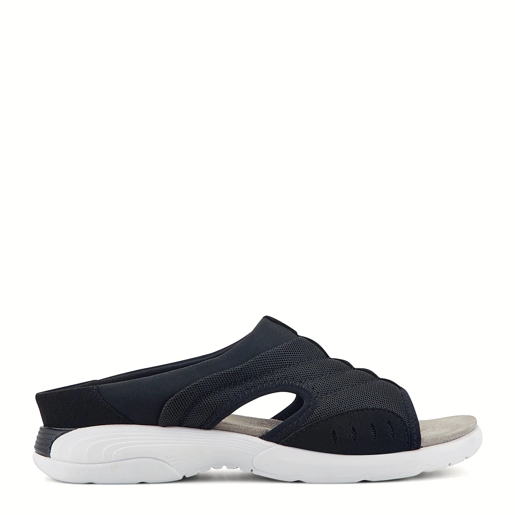 Blue knit slide sandal with decorative cutouts