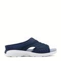 Blue knit slide sandal with decorative cutouts