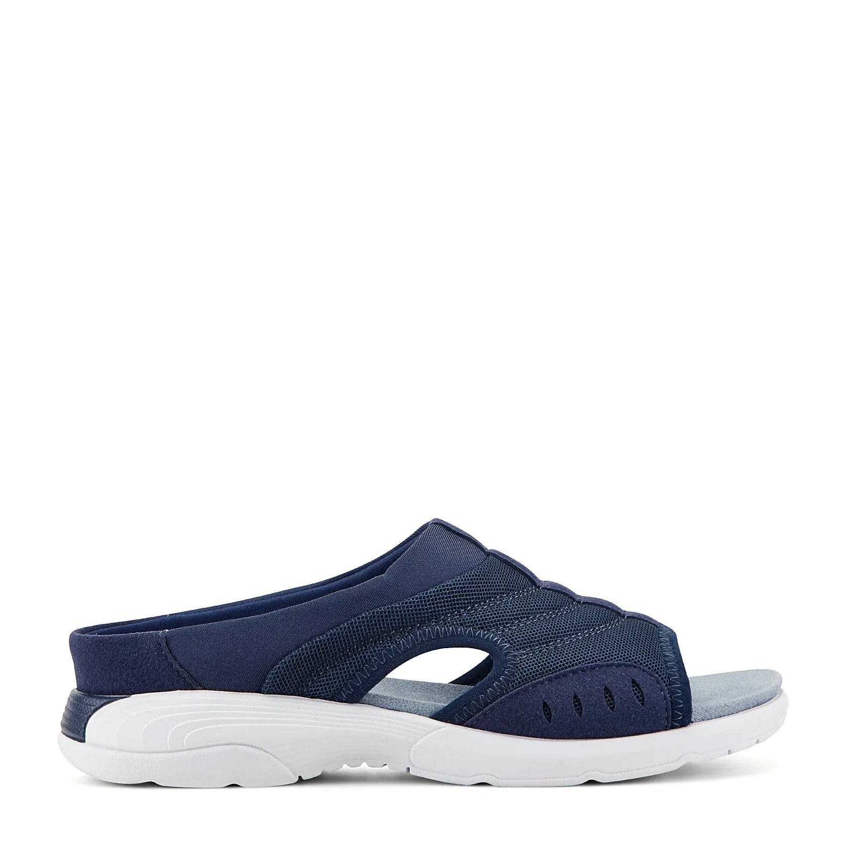 Blue knit slide sandal with decorative cutouts
