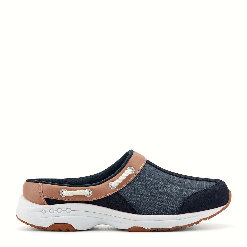 Open-back clog with textured fabric panels