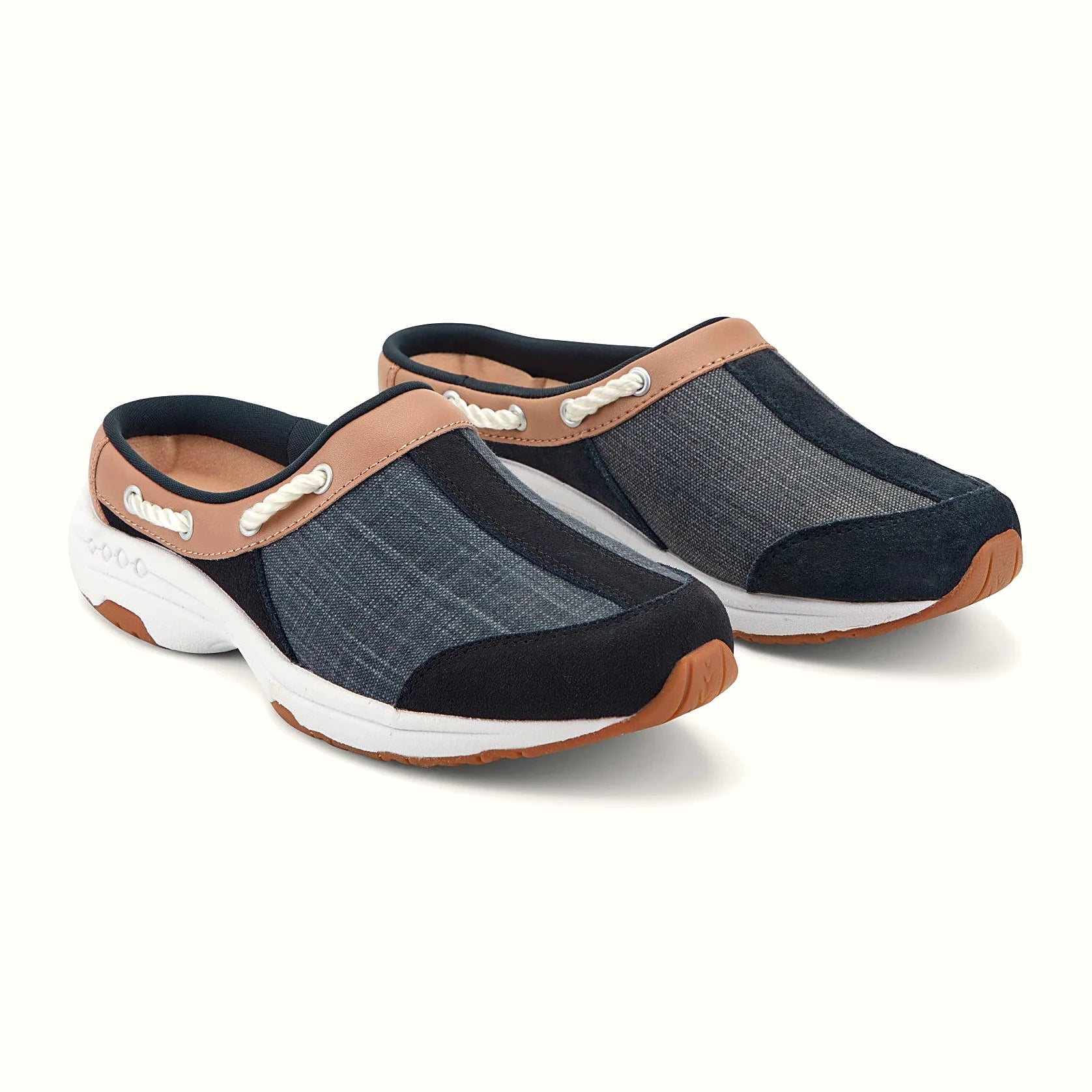Nautical-inspired lacing at the collar of a clog
