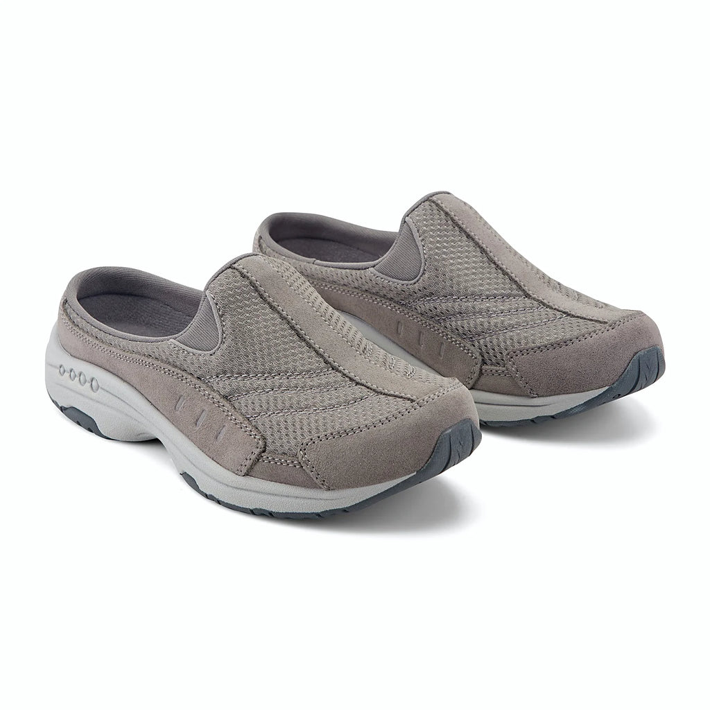 Molded footbed inside a suede-overlay clog
