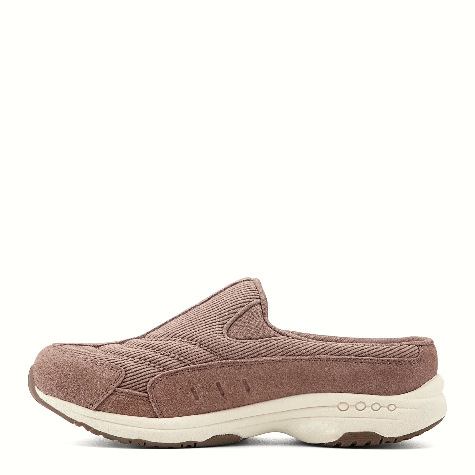 Slip-on clog with suede overlays framing a textured panel
