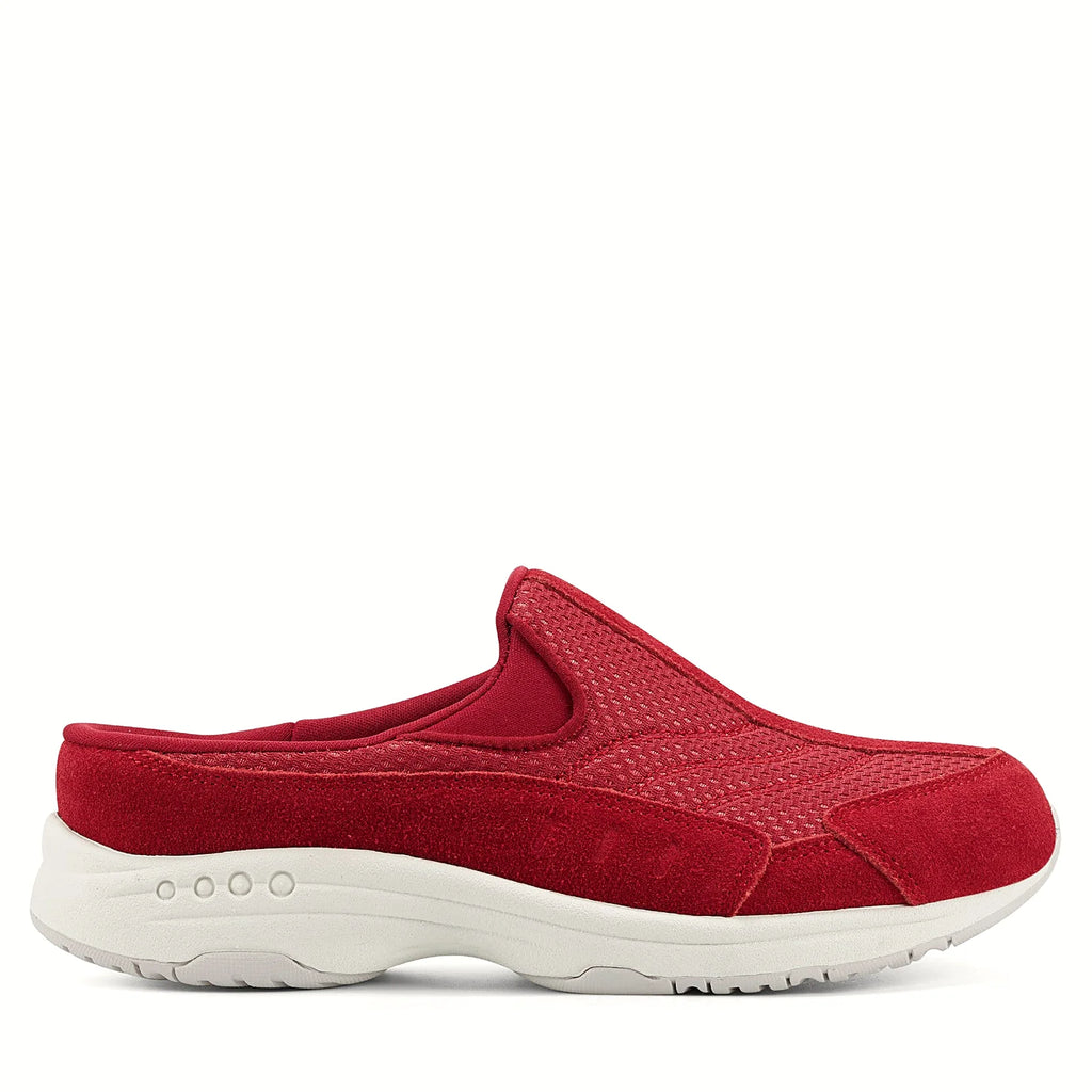 Slip-on clog with suede overlays framing a textured panel