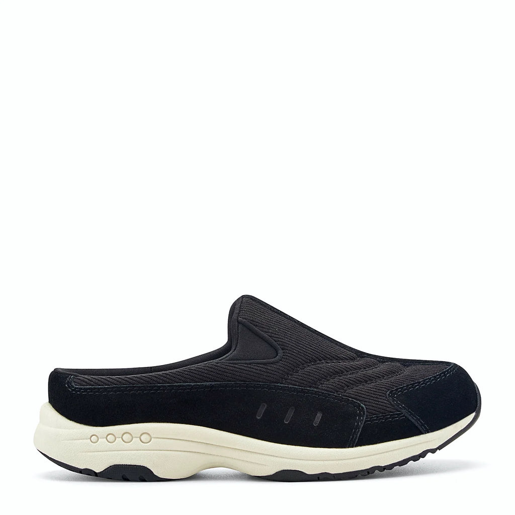 Slip-on clog with suede overlays framing a textured panel