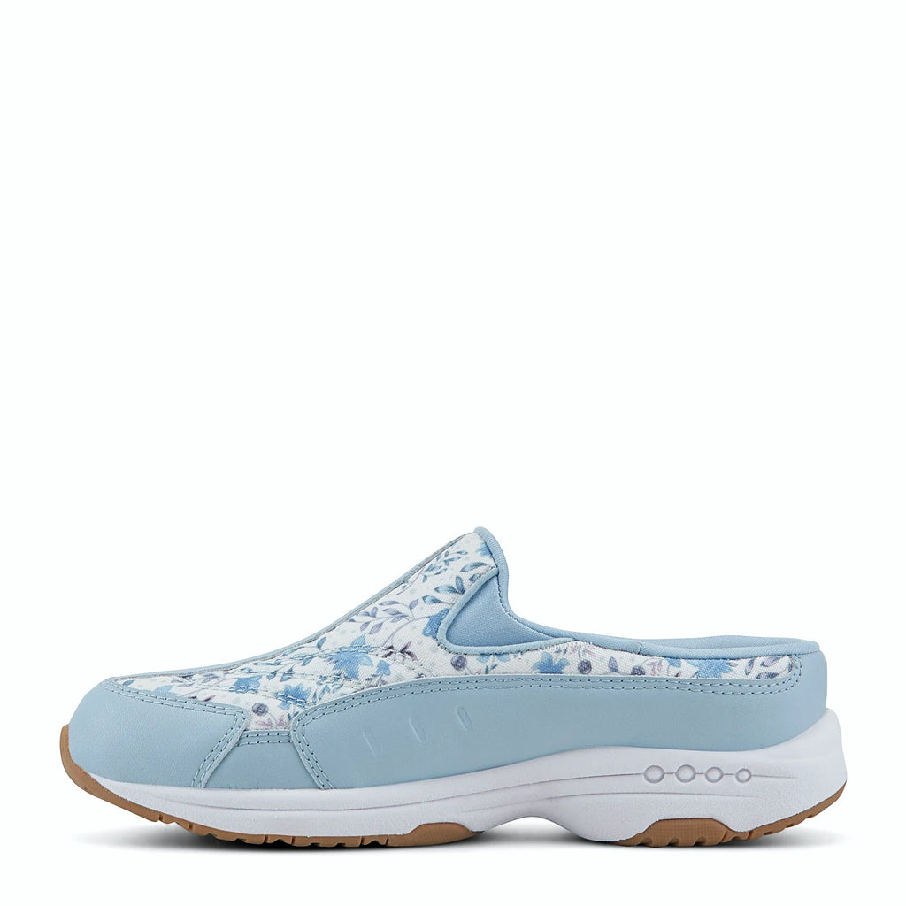 Slip-on clog with suede overlays framing a textured panel