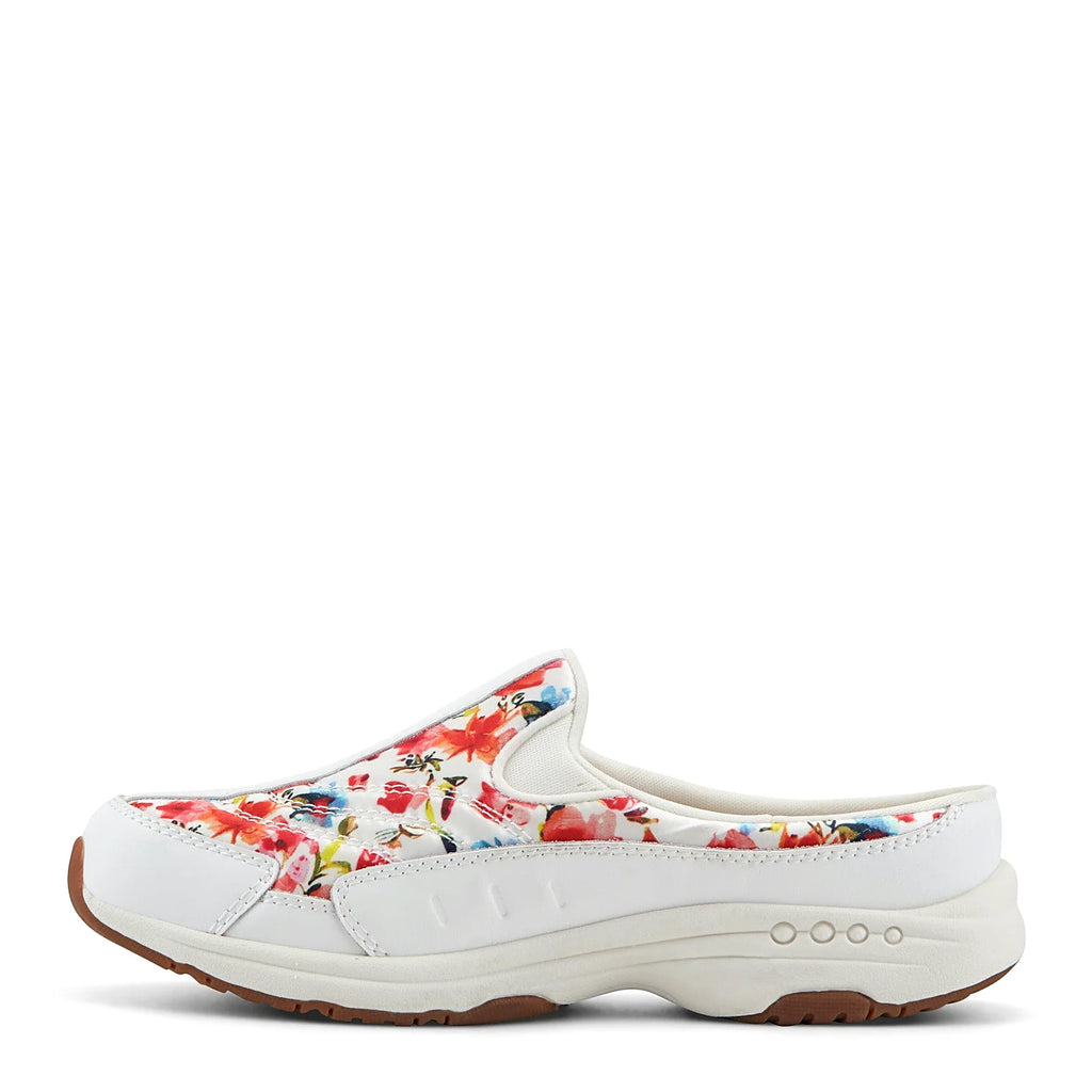 Slip-on clog with suede overlays framing a textured panel