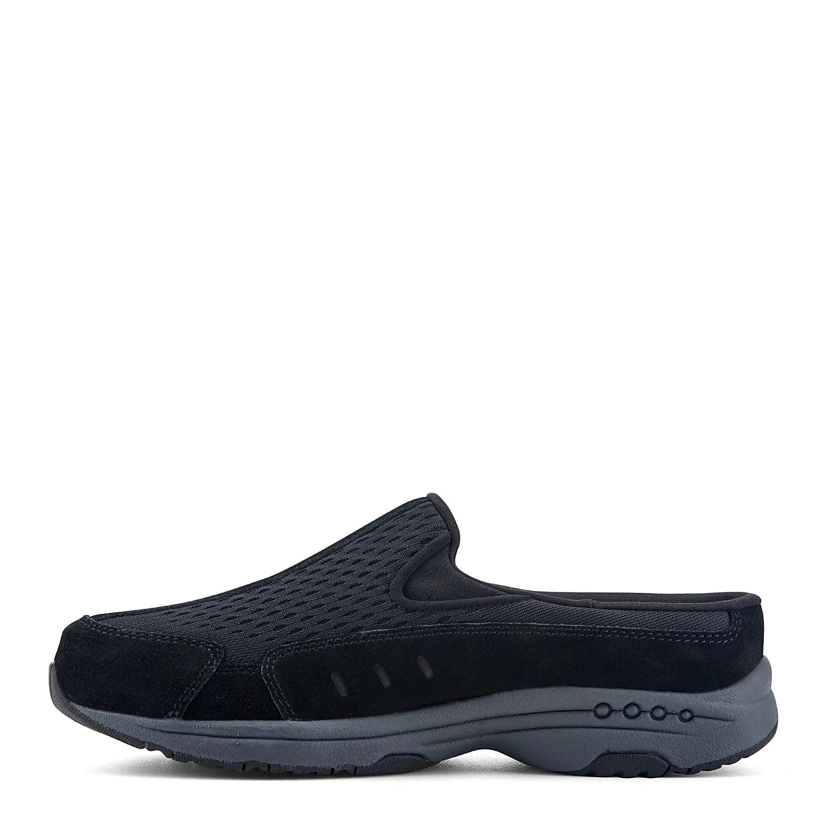 Slip-on clog with suede overlays framing a textured panel